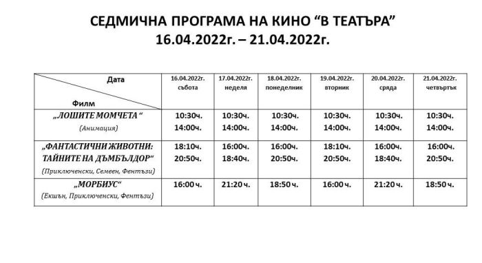 Кино „В Театъра“ подновява прожекциите си в Кюстендил Кино „В Театъра“ подновява прожекциите си в Кюстендил