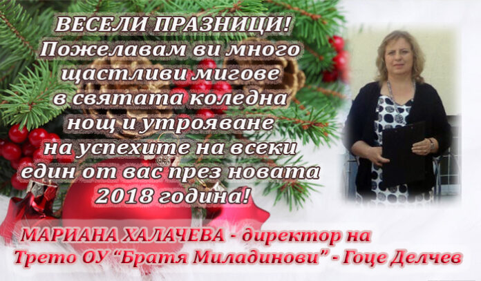 Директорът на Трето ОУ "Братя Миладинови" - Гоце Делчев, Мариана Халачева: Весела Коледа и честита Нова година!