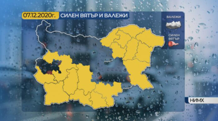 Жълт код за проливни валежи и силен вятър в понеделник