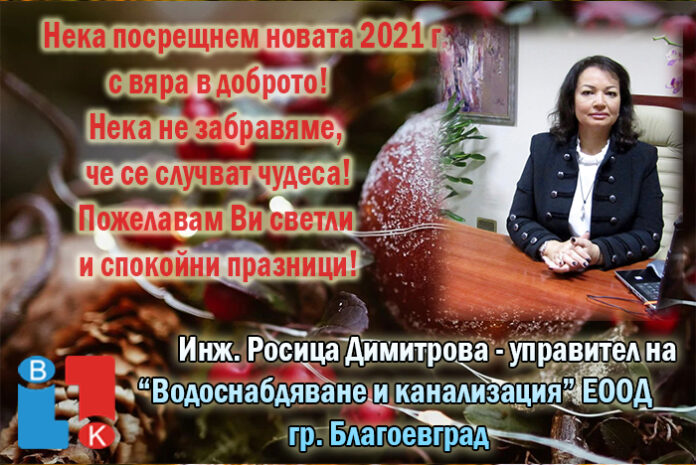 Управителят на ВиК-Благоевград, Росица Димитрова: Весела Коледа и щастлива Нова година!
