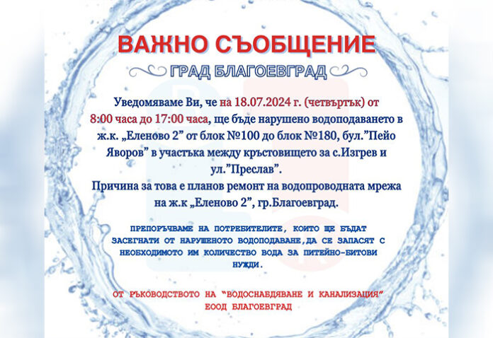 Част от квартал „Еленово 2“ в Благоевград без вода утре
