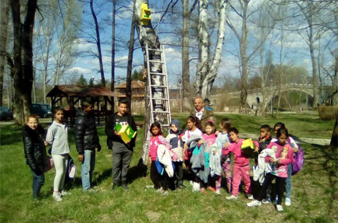 Деца поставиха къщички за птици в училището