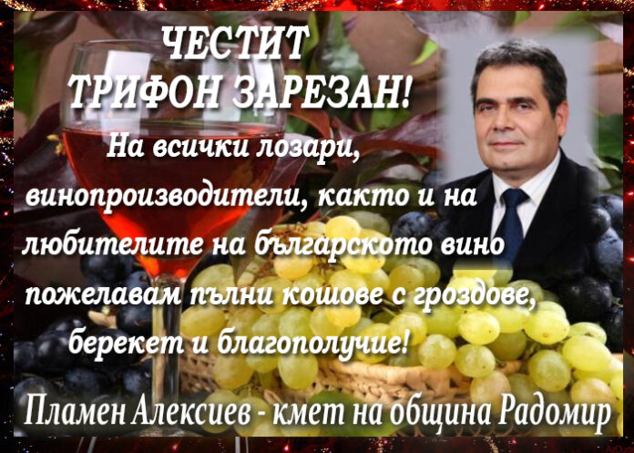 Кметът на Радомир Пламен Алексиев: Честит Трифон Зарезан на всички лозари и ценители на виното!