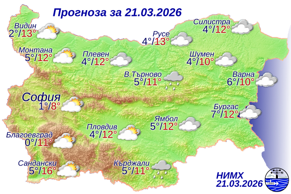 Облачно време и слаби валежи в различни части на страната Облачно време и слаби валежи в различни части на страната - Инфомрежа