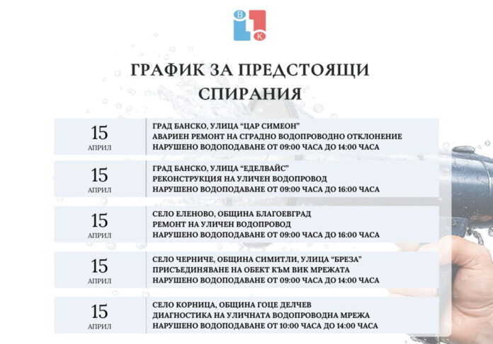 ВиК-Благоевград обяви кога и къде ще спира водата