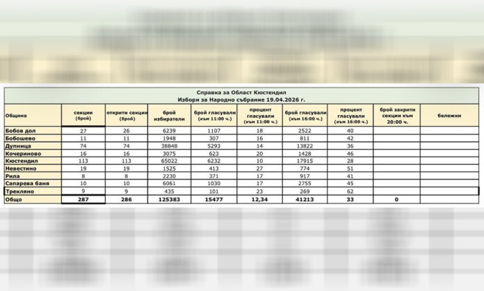Избирателната активност в област Кюстендил към 16:00 ч. достигна 33%
